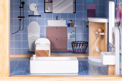 Drewniany domek dla lalek 3 piętra taras z kompletem 15 mebelków ECOTOYS